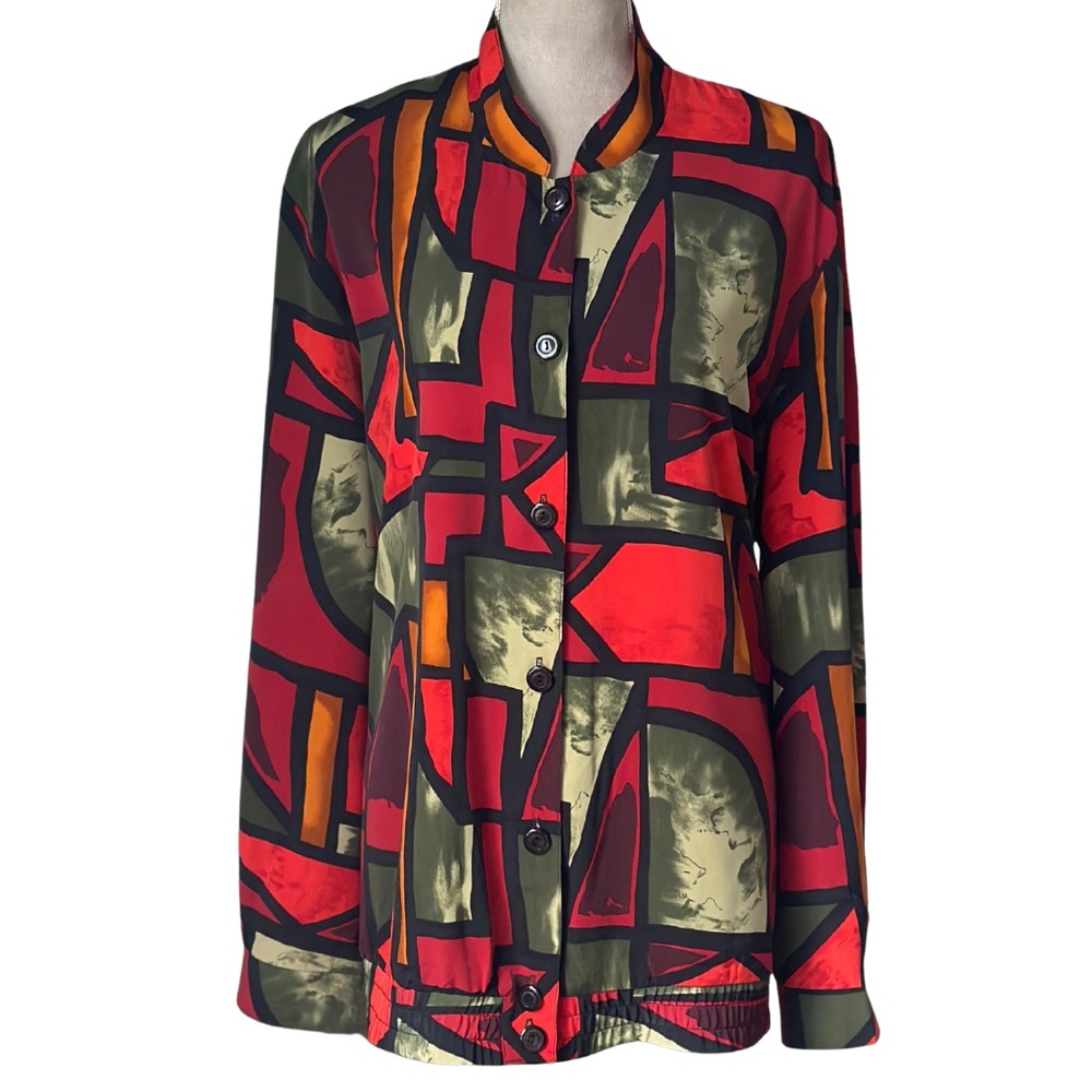 Vintage Retro 80s Caron Components Geometric Print Blouse Sz 18 Made in USA